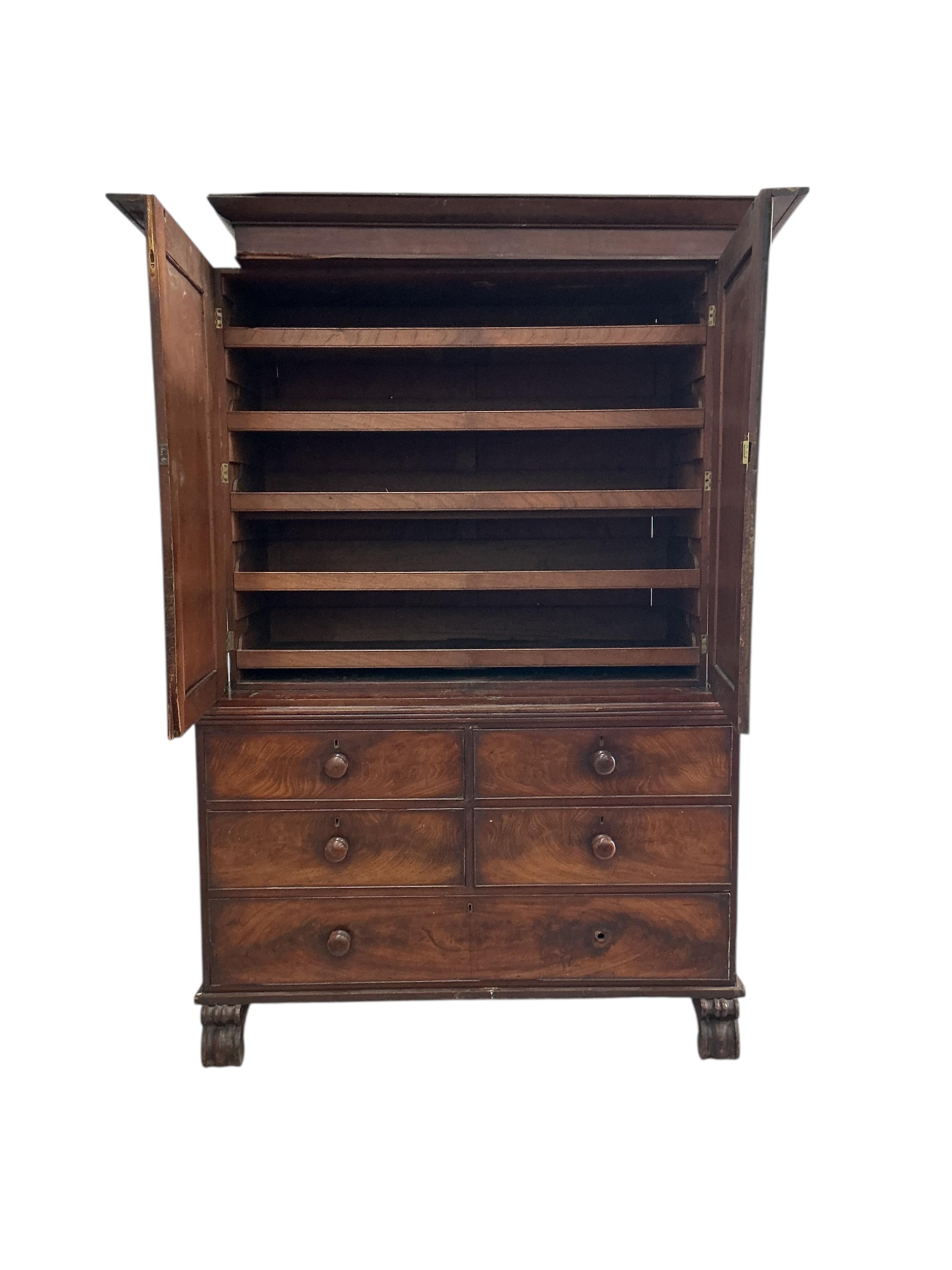 An early Victorian mahogany linen press, width 136cm, depth 62cm, height 211cm